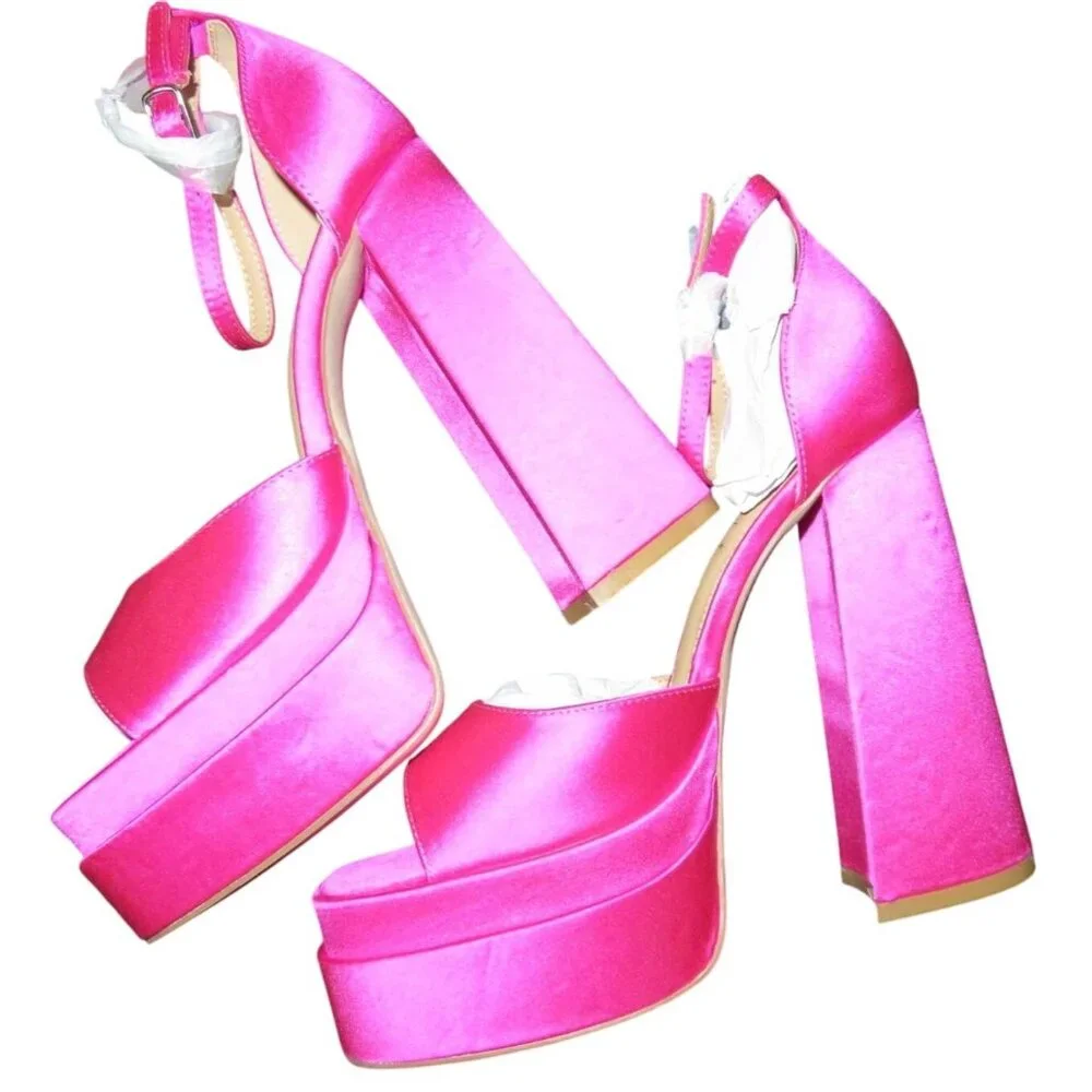 Shoe Dazzle Aimee Chunky  Platform Block Ankle Strap Open Square Toe Heels 7.5